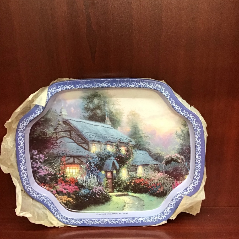 Thomas Kinkade 1992 Tin Serving‎ Tray Cottage Garden Scene Blue Floral Border - Picture 2 of 9